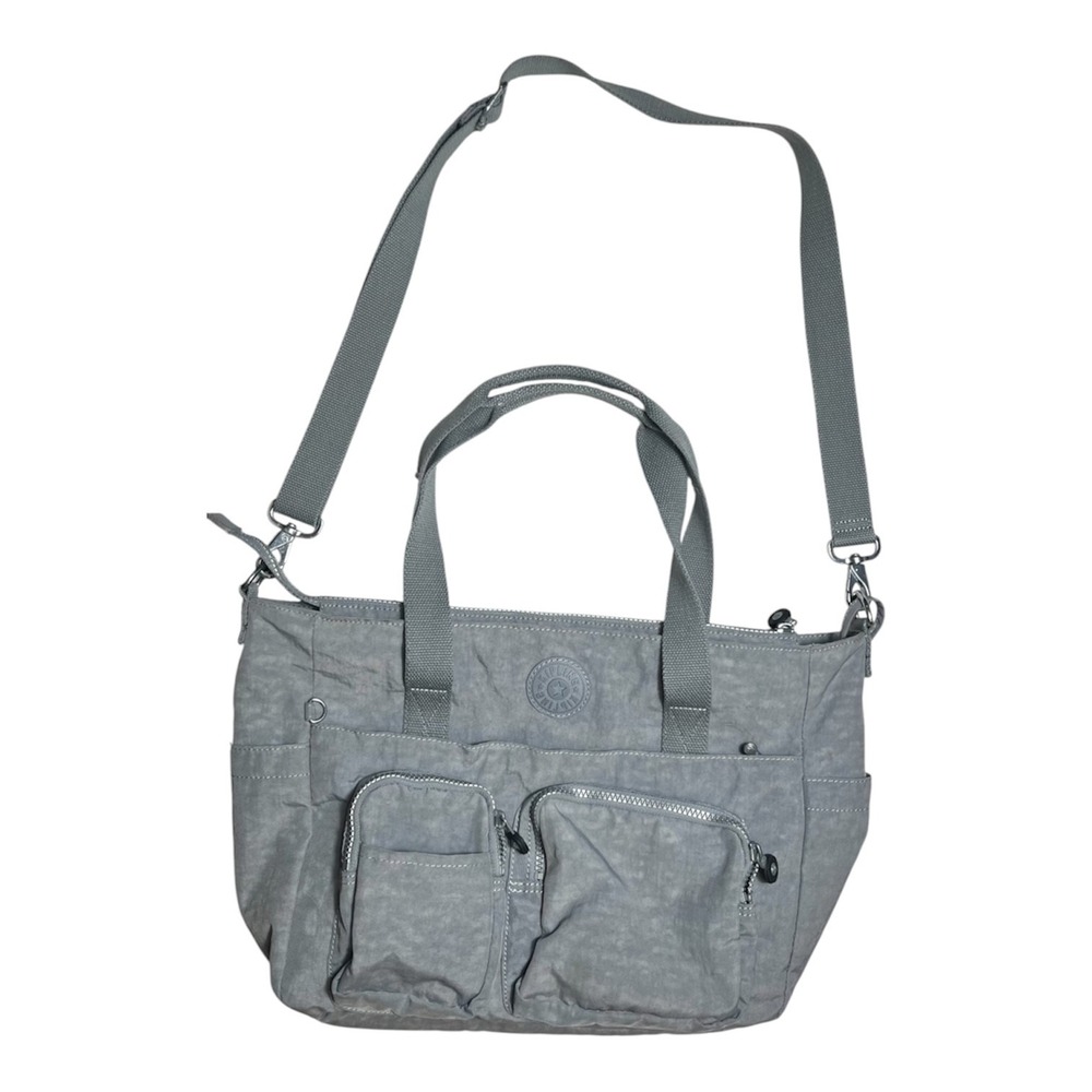 Kipling Crinkle Nylon Utility Tote Bag Gray Zip Pockets Adjustable Strap-2284